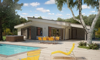 Family house with shed roofs and a garage. May be constructed without a garage.